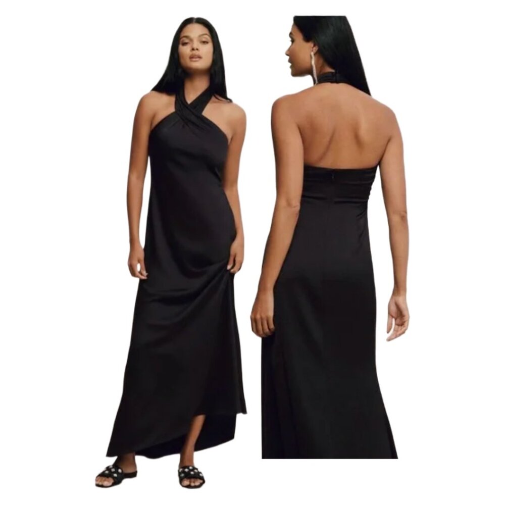 BHLDN Ruby Twist Halter Satin Gown BLACK